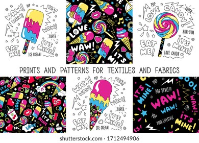 Conjunto de arte. Imprimir para ropa y tela. Helados y dulces. Dibujo de moda de estilo moderno para ropa. Dibujo para niños, ropa, pantalones, textiles y tejidos o embalajes.