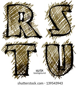 art set of stylized sketch alphabet in vector; green and brown font
