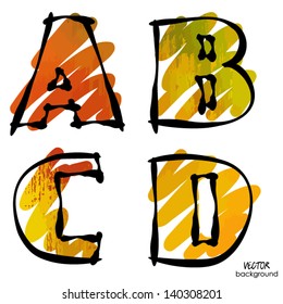art set of stylized sketch alphabet in vector; red, yellow, green and orange font