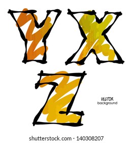 art set of stylized sketch alphabet in vector; red, yellow, green and orange font