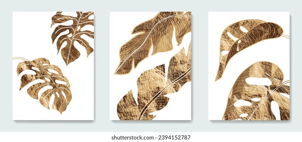 Art set with tropical leaves of monstera and palm trees in golden color.