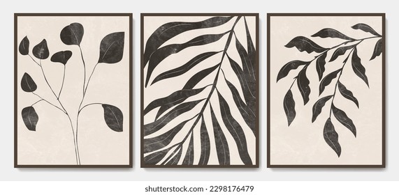 Art set of vector posters with abstract foliage of palms, eucalyptus in modern style. Botanical design with tropical plants for decor, print, cover, background, wallpaper, banner.