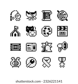 Сreativity and art set, video game 1 bit pixel art icons. Design for logo game, sticker, web, mobile app, badges and patches. Isolated pixel art vector illustration. Game assets.