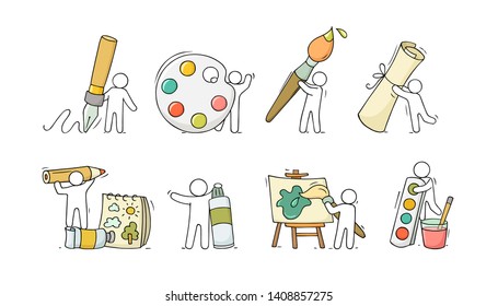 Art set with working little people. Doodle cute miniature of teamwork and drawing symbols. Hand drawn cartoon vector illustration for school subject design.