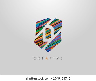 Art Shield D Letter Logo. Creative Modern Abstract Geometric Icon Design, made of various colorful pop art strips shapes  