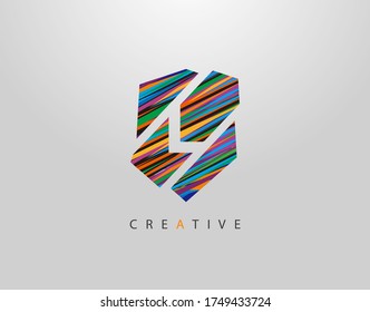 Art Shield L Letter Logo. Creative Modern Abstract Geometric Icon Design, made of various colorful pop art strips shapes  