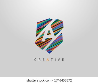 Art Shield A Letter Logo. Creative Modern Abstract Geometric Icon Design, made of various colorful pop art strips shapes  