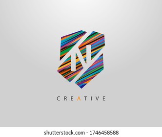 Art Shield N Letter Logo. Creative Modern Abstract Geometric Icon Design, made of various colorful pop art strips shapes  