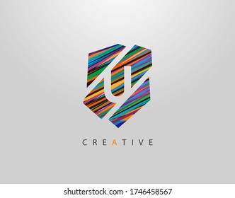 Logo De Letra Art Shield U. Diseño de iconos geométricos con abstracto moderno creativo, hecho de varias tiras de arte pop coloridas  