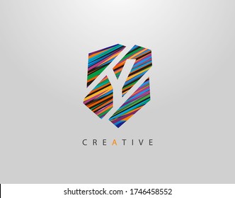 Art Shield Y Letter Logo. Creative Modern Abstract Geometric Icon Design, made of various colorful pop art strips shapes  