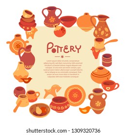 Art shop circle template with place for text. Vector line icon of clay studio tools. Pottery workshop, ceramics classes banner illustration. Hand building, sculpturing equipment.