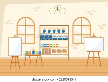 Art Shop with Painting Supplies Store Accessories and Tools for Drawing, Artists and Designers on Flat Cartoon Hand Drawn Template Illustration