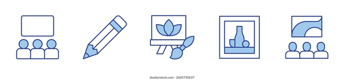 art show, creative, pencil, still life. Art Icon vector illustration. Line Duotone style. Editable stroke.
