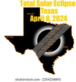 Arte que muestra el recorrido total del eclipse solar del 8 de abril de 2024 por Texas