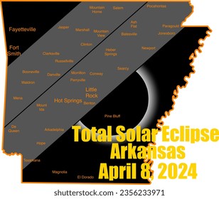 Arte que muestra el recorrido total del eclipse solar del 8 de abril de 2024 por Arkansas