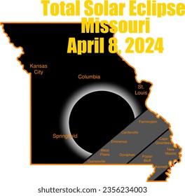 Arte que muestra el recorrido total del eclipse solar del 8 de abril de 2024 sobre Misuri