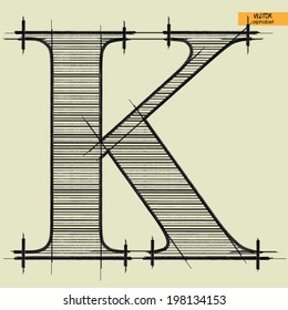 art simple alphabet in vector, classical black handmade font, letter K