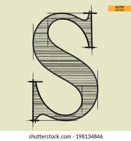 art simple alphabet in vector, classical black handmade font, letter S