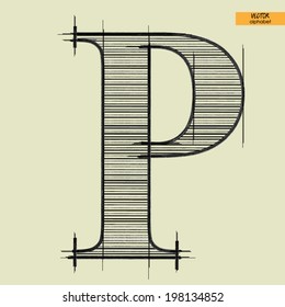 art simple alphabet in vector, classical black handmade font, letter P
