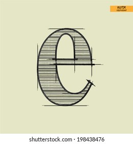 art simple alphabet in vector, classical black handmade font, lowercase letter e