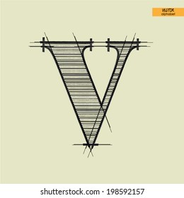 art simple alphabet in vector, classical black handmade font, lowercase letter v