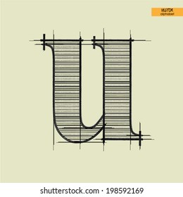 art simple alphabet in vector, classical black handmade font, lowercase letter u