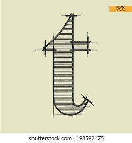 art simple alphabet in vector, classical black handmade font, lowercase letter t