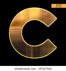 art simple alphabet in vector, simple golden blurred font on black background, letter C