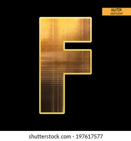 art simple alphabet in vector, simple golden blurred font on black background, letter F