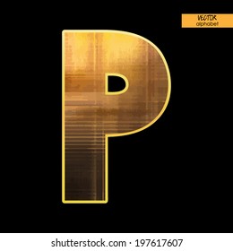 art simple alphabet in vector, simple golden blurred font on black background, letter P