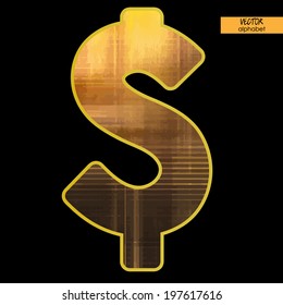 arte alfabeto simple en vector, simple fuente borrosa dorado sobre fondo negro, signo $