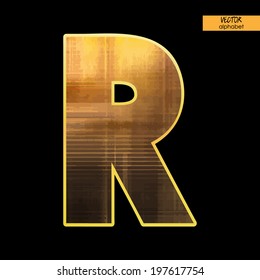 art simple alphabet in vector, simple golden blurred font on black background, letter R