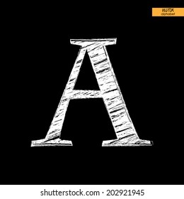 art simple classical alphabet in vector, chalk white handmade font on black back, letter A