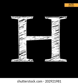 art simple classical alphabet in vector, chalk white handmade font on black back, letter H