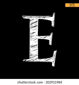 art simple classical alphabet in vector, chalk white handmade font on black back, letter E