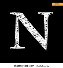 art simple classical alphabet in vector, chalk white handmade font on black back, letter N
