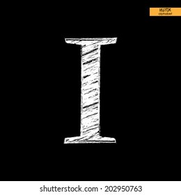 art simple classical alphabet in vector, chalk white handmade font on black back, letter I