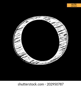 art simple classical alphabet in vector, chalk white handmade font on black back, letter O