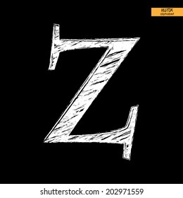 art simple classical alphabet in vector, chalk white handmade font on black back, letter Z