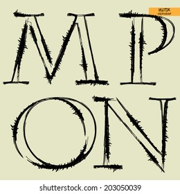 art simple classical alphabet in vector, silhouette black grunge handmade font, letters M, N, O, P 