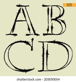 art simple classical alphabet in vector, silhouette black grunge handmade font, letters A, B, C, D