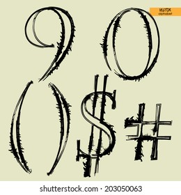 art simple classical alphabet in vector, silhouette black grunge handmade font, figures 9,0 and  number, $ and brackets marks