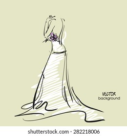 art sketch #1 of beautiful young  bride in white dress with the bride's bouquet. Vector background with space for text.