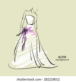 art sketch #1 of beautiful young  bride in white dress with the bride's bouquet. Vector background with space for text.