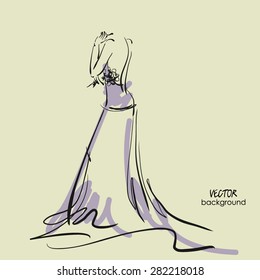 art sketch #1 of beautiful young  bride in lilac dress with the bride's bouquet. Vector background with space for text.