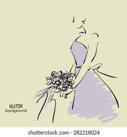 art sketch #1 of beautiful young  bride in dress lilac with the bride's bouquet. Vector background with space for text.