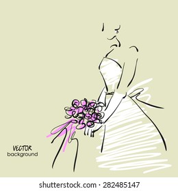 art sketch #12 of beautiful young  bride in white dress with the bride's bouquet. Vector background with space for text.