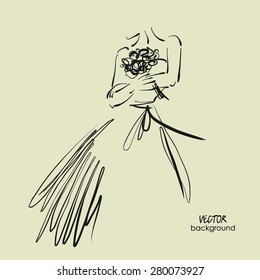 art sketch #7 of beautiful young  bride with the bride's bouquet. Vector wedding background with space for text.