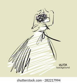 art sketch #7 of beautiful young bride in white dress with the bride's bouquet. Vector background with space for text.