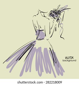 art sketch #8 of beautiful young  bride in lilac dress with the bride's bouquet. Vector background with space for text.